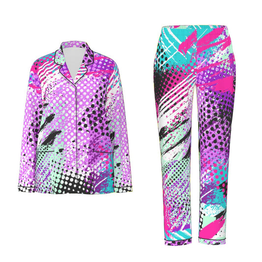 All-Over Print Women's Long Sleeve Pajama Set With Black Contrast Piping