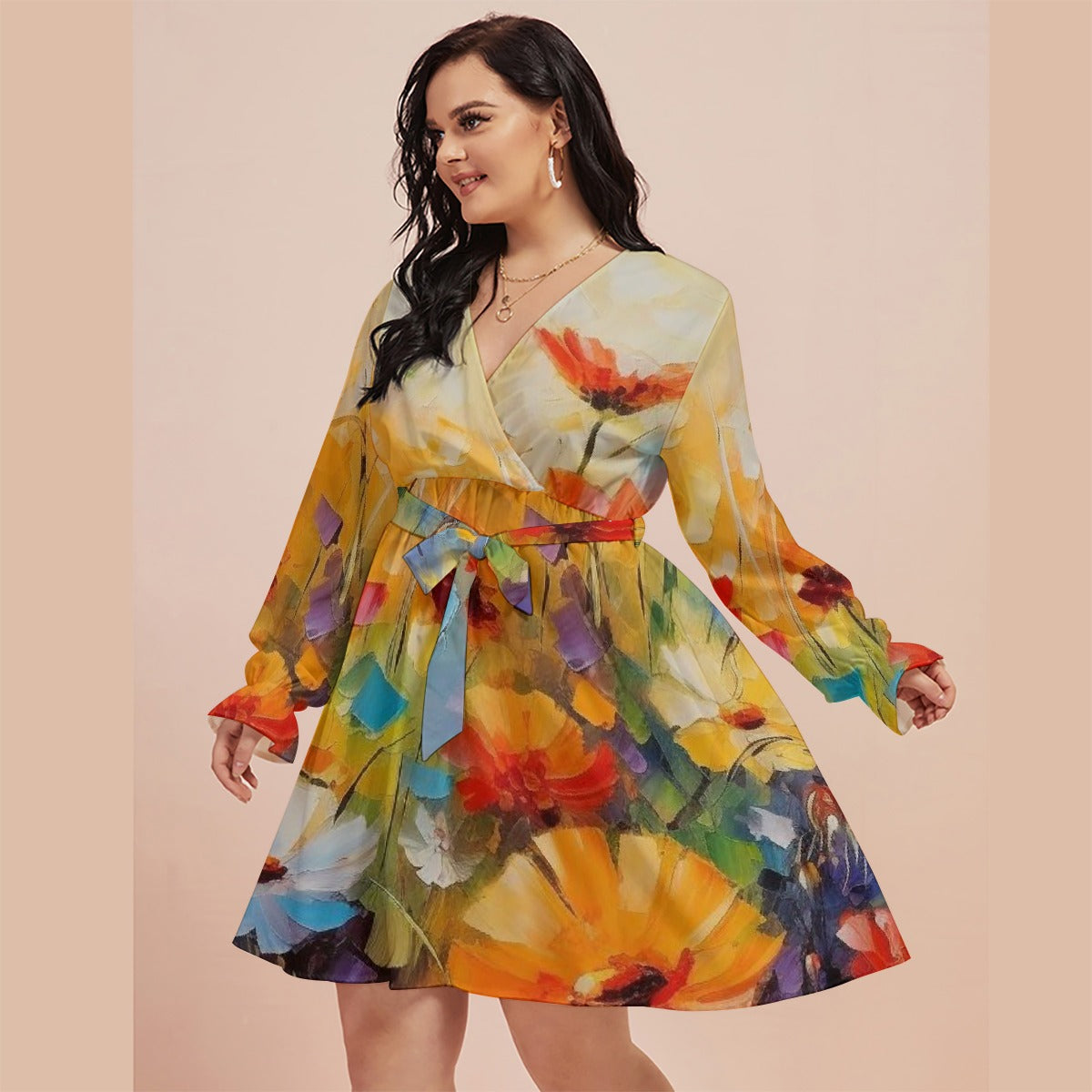 All-Over Print Women's V-neck Dress With Waistband(Plus Size)