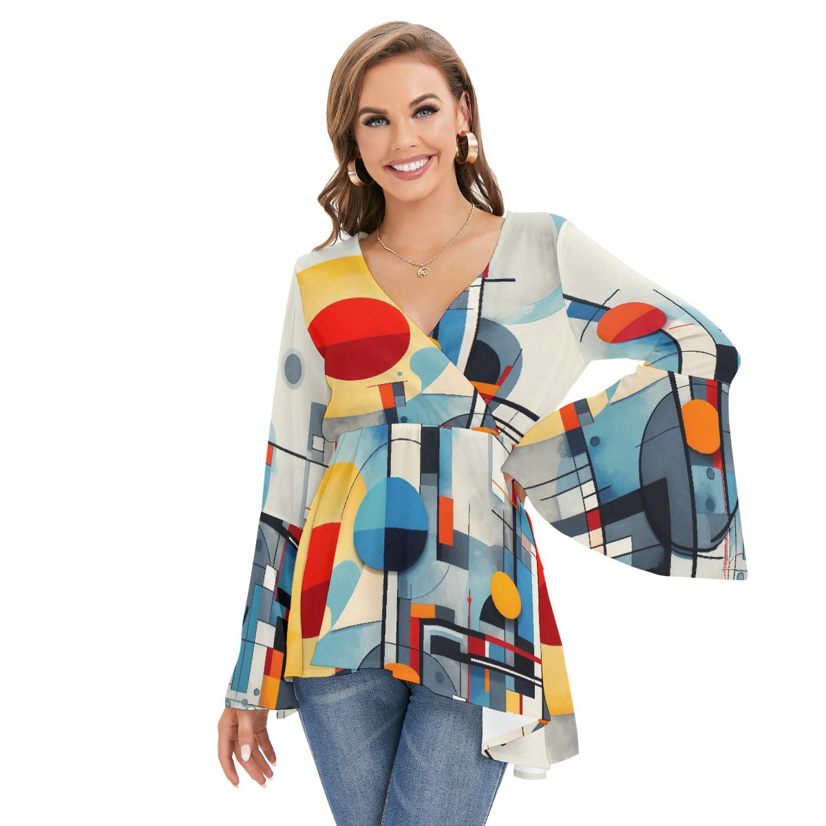 All-Over Print Women's V-neck Blouse With Flared Sleeves
