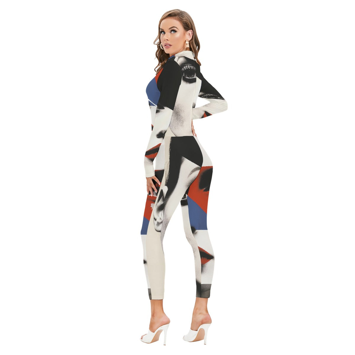 All-Over Print Women's Long-sleeved High-neck Jumpsuit With Zipper