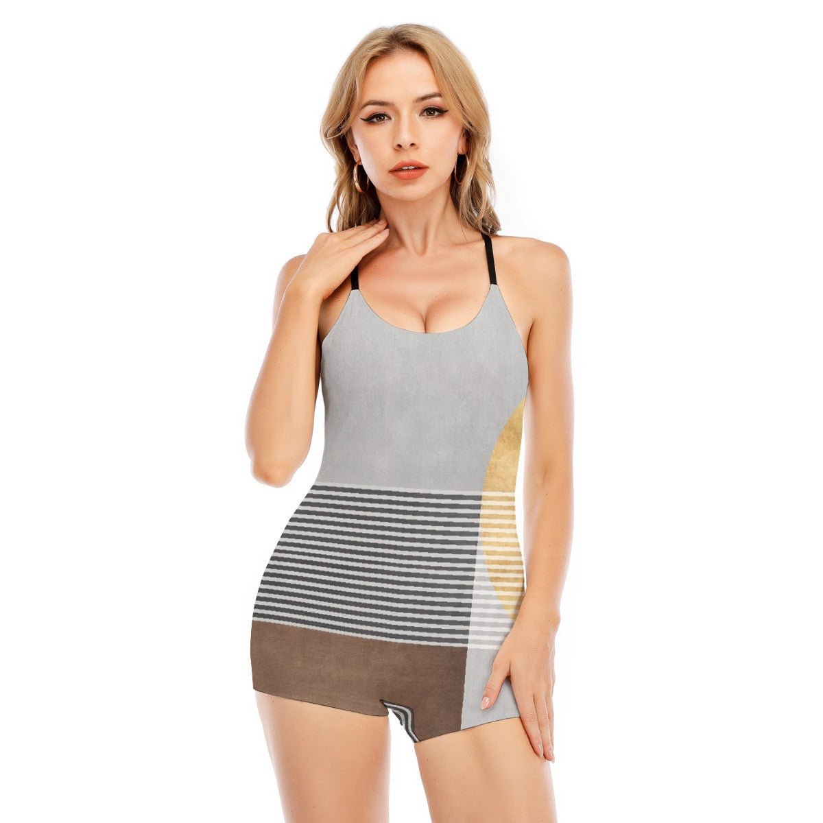 All-Over Print Women's Backless Romper With Black Straps