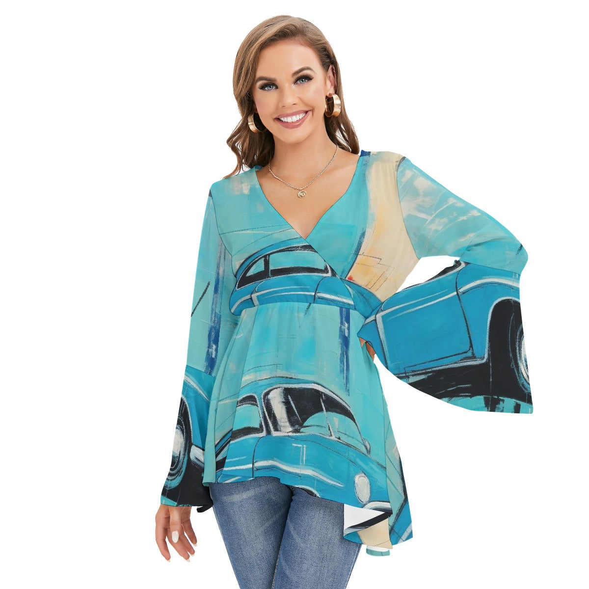 All-Over Print Women's V-neck Blouse With Flared Sleeves