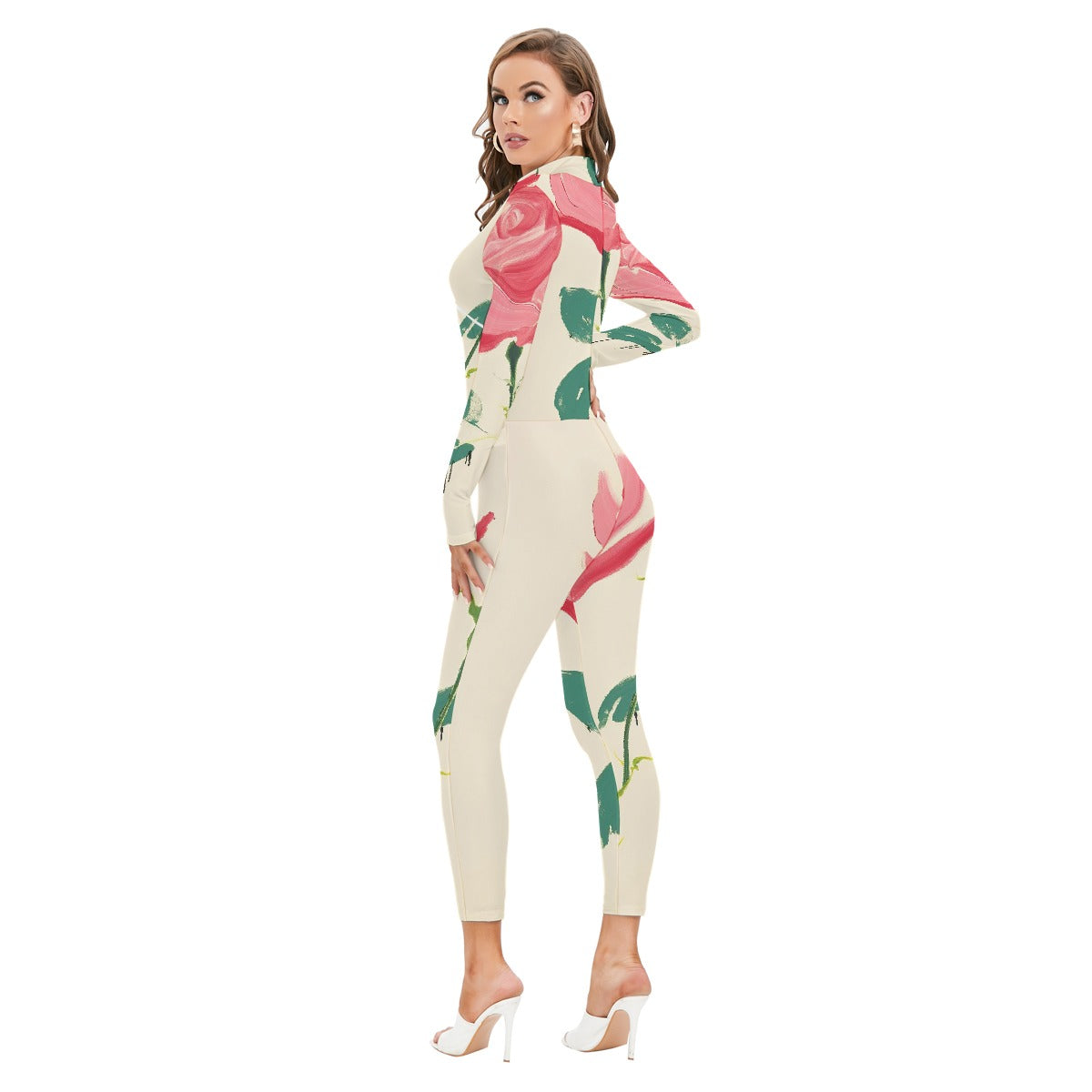 All-Over Print Women's Long-sleeved High-neck Jumpsuit With Zipper