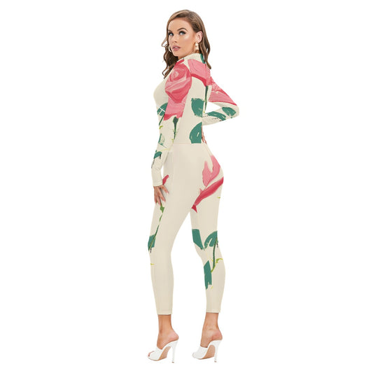 All-Over Print Women's Long-sleeved High-neck Jumpsuit With Zipper