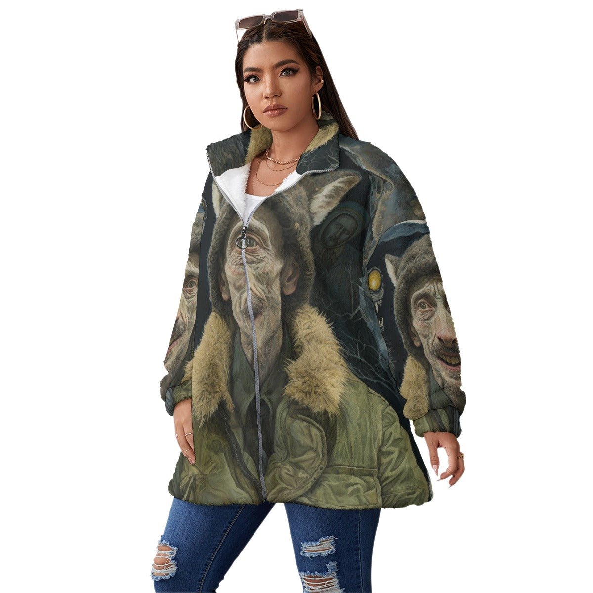 All-Over Print Unisex Borg Fleece Stand-up Collar Coat With Zipper Closure(Plus Size)