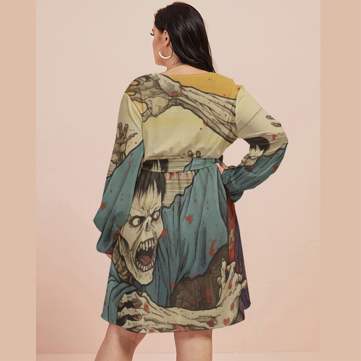 All-Over Print Women's V-neck Dress With Waistband(Plus Size)