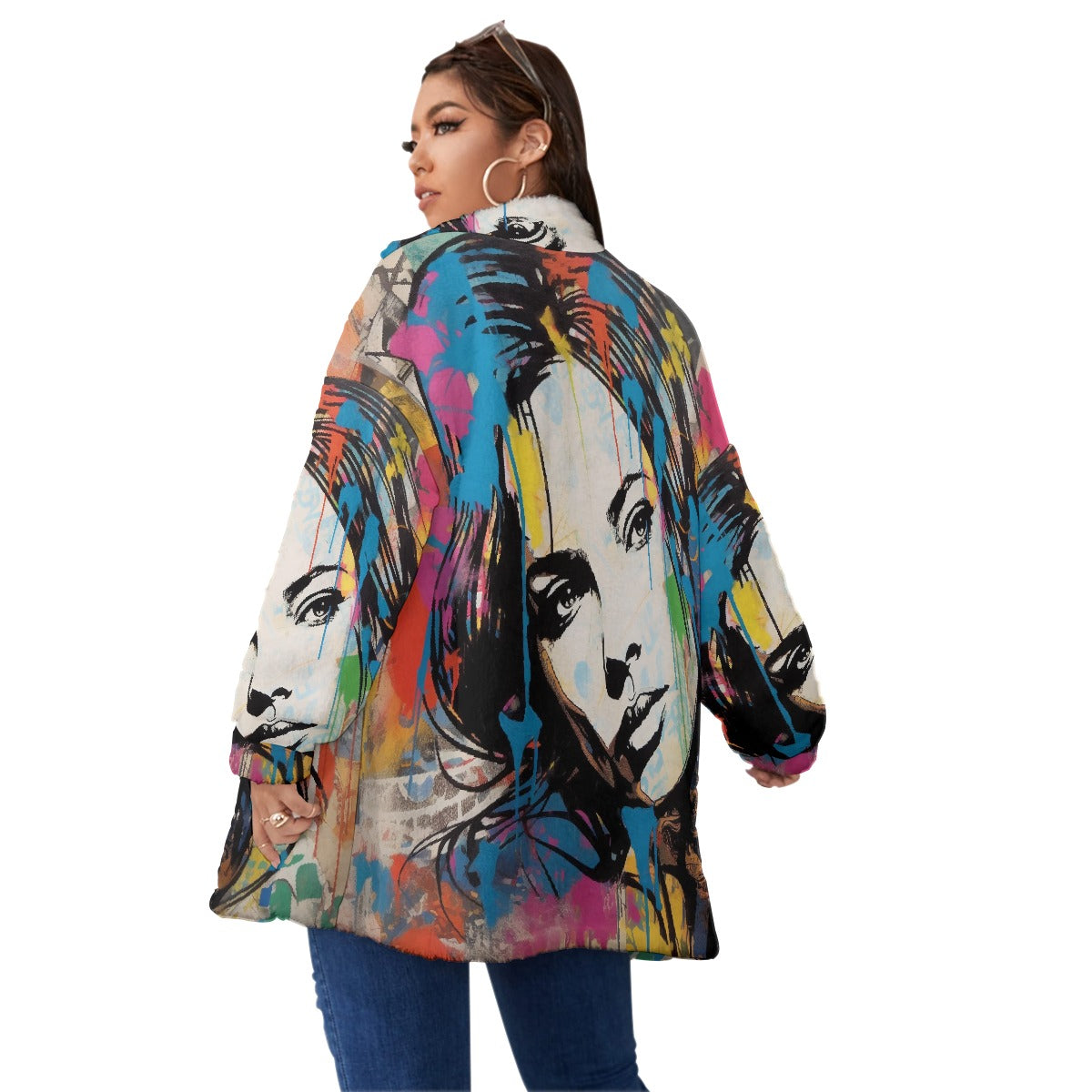 All-Over Print Unisex Borg Fleece Stand-up Collar Coat With Zipper Closure(Plus Size)