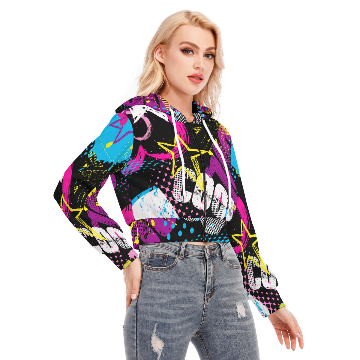 All-Over Print Women's Crop Top Hoodie With Zipper Closure