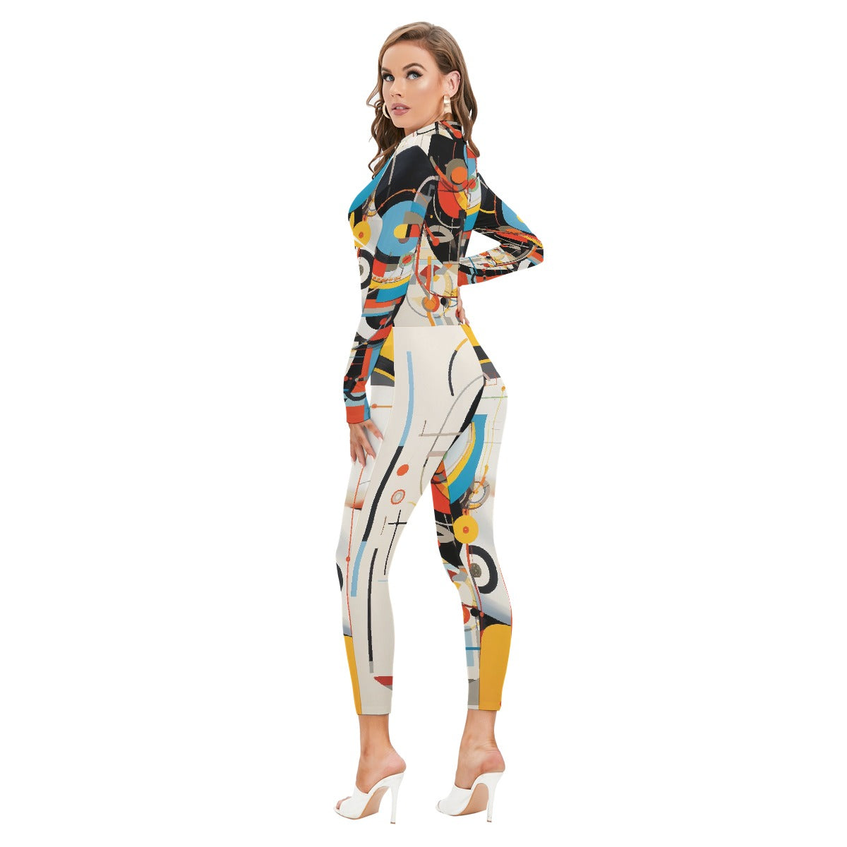 All-Over Print Women's Long-sleeved High-neck Jumpsuit With Zipper