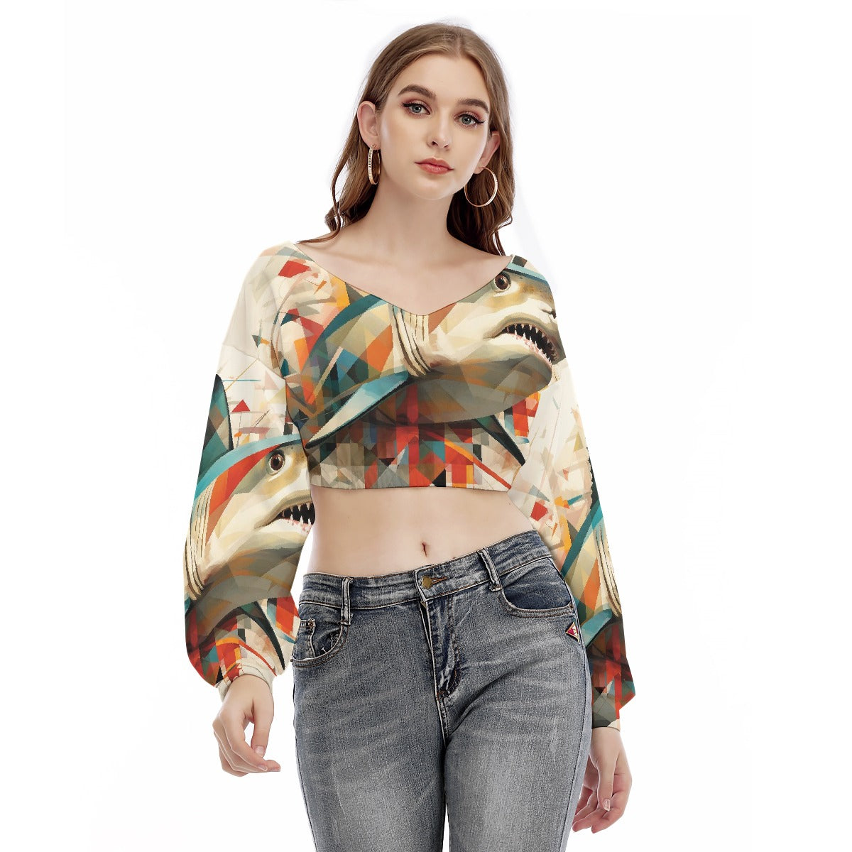 All-Over Print Women's V-neck Long Sleeve Cropped Sweatshirt