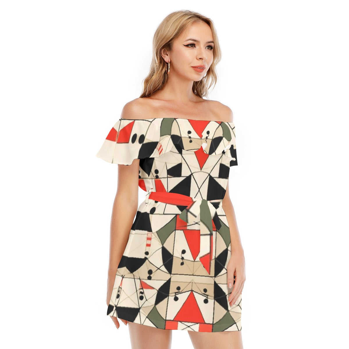 All-Over Print Women's Off-shoulder Dress With Ruffle