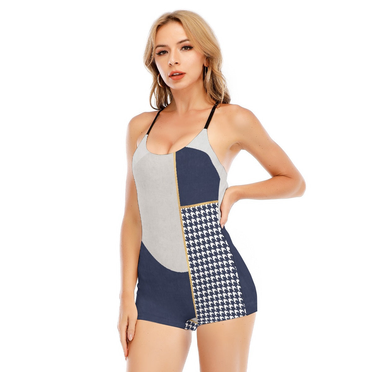 All-Over Print Women's Backless Romper With Black Straps