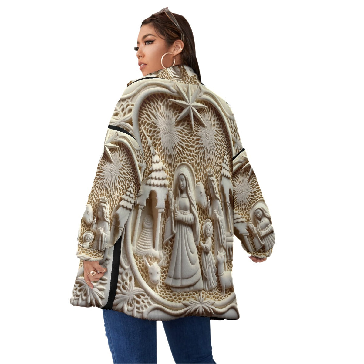 All-Over Print Unisex Borg Fleece Stand-up Collar Coat With Zipper Closure(Plus Size)