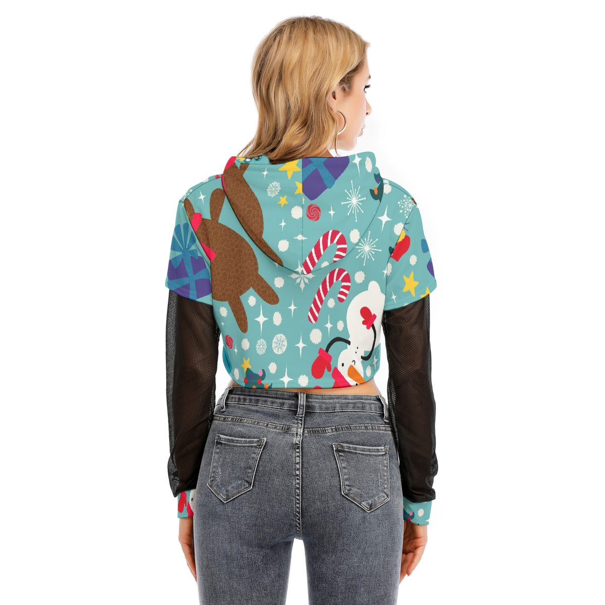 All-Over Print Women's Fake Two-piece Mesh Sleeve Cropped Hoodie