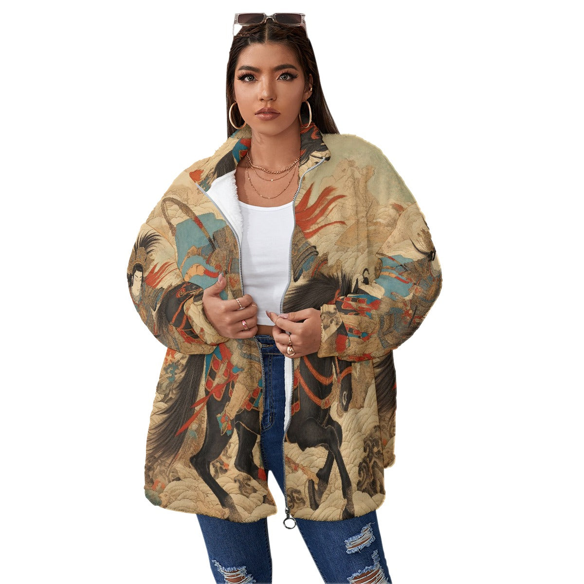 All-Over Print Unisex Borg Fleece Stand-up Collar Coat With Zipper Closure(Plus Size)