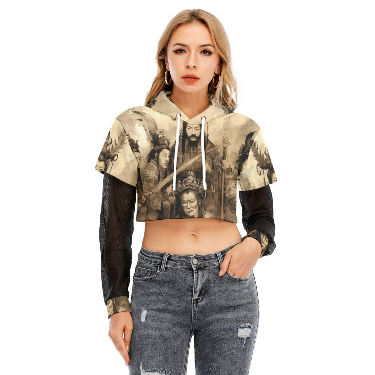 All-Over Print Women's Fake Two-piece Mesh Sleeve Cropped Hoodie