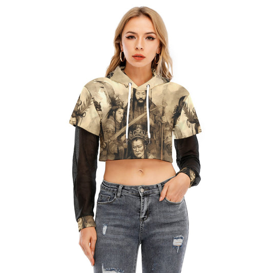 All-Over Print Women's Fake Two-piece Mesh Sleeve Cropped Hoodie
