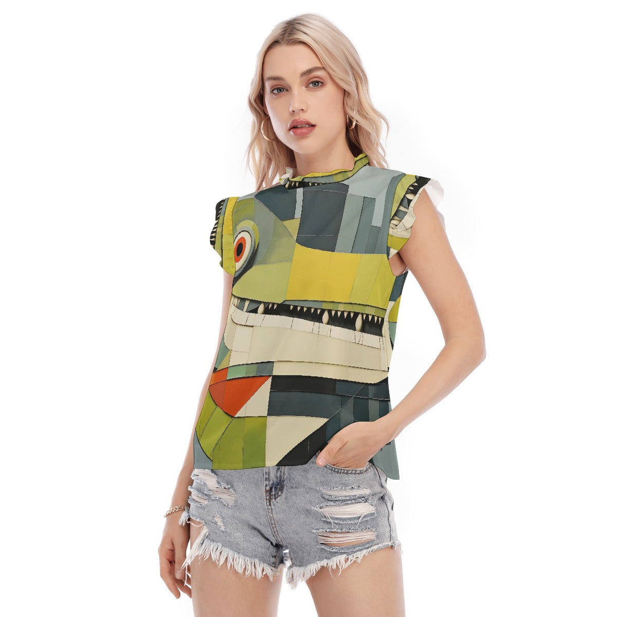 All-Over Print Women's Blouse With Ruffle Collar And Sleeve