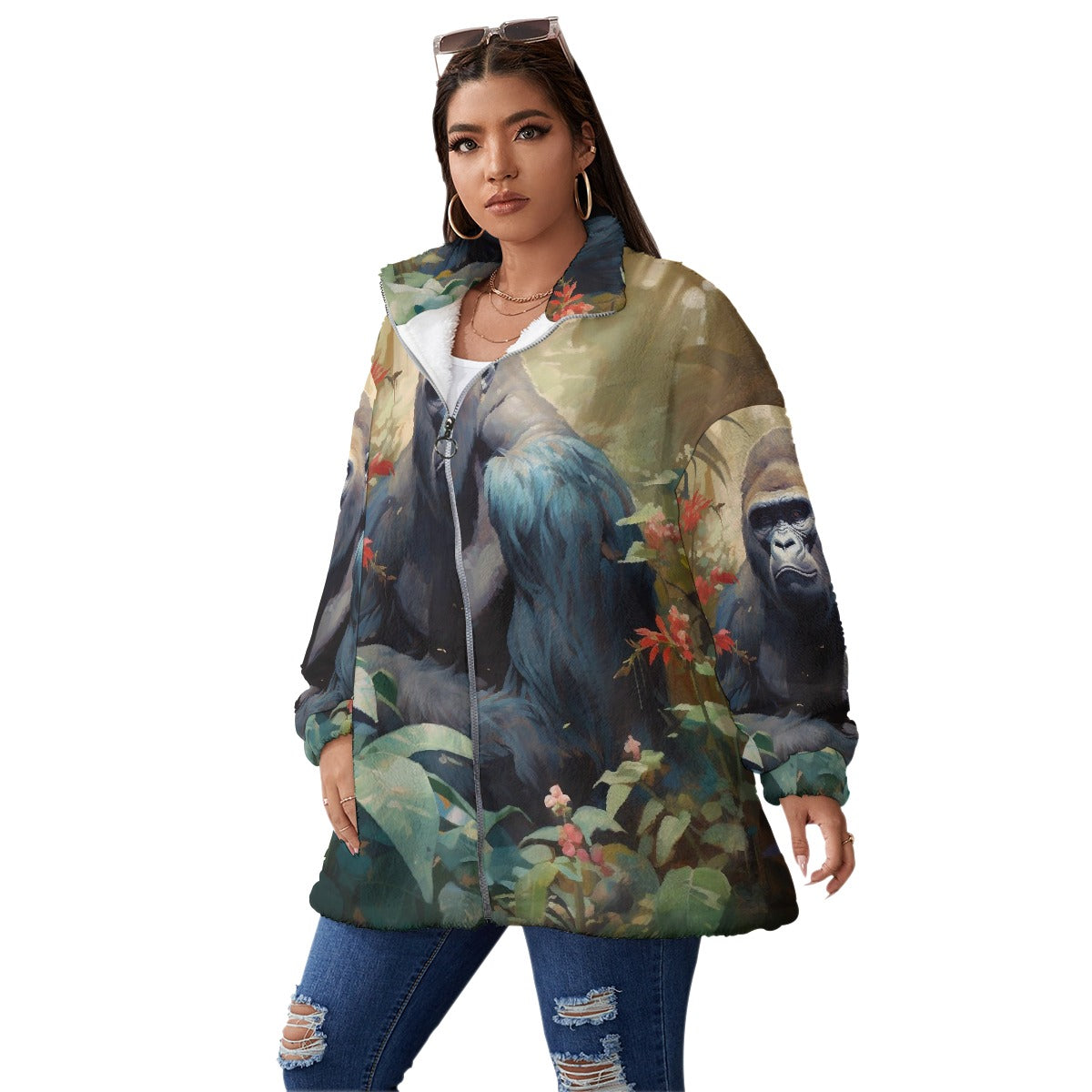 All-Over Print Unisex Borg Fleece Stand-up Collar Coat With Zipper Closure(Plus Size)