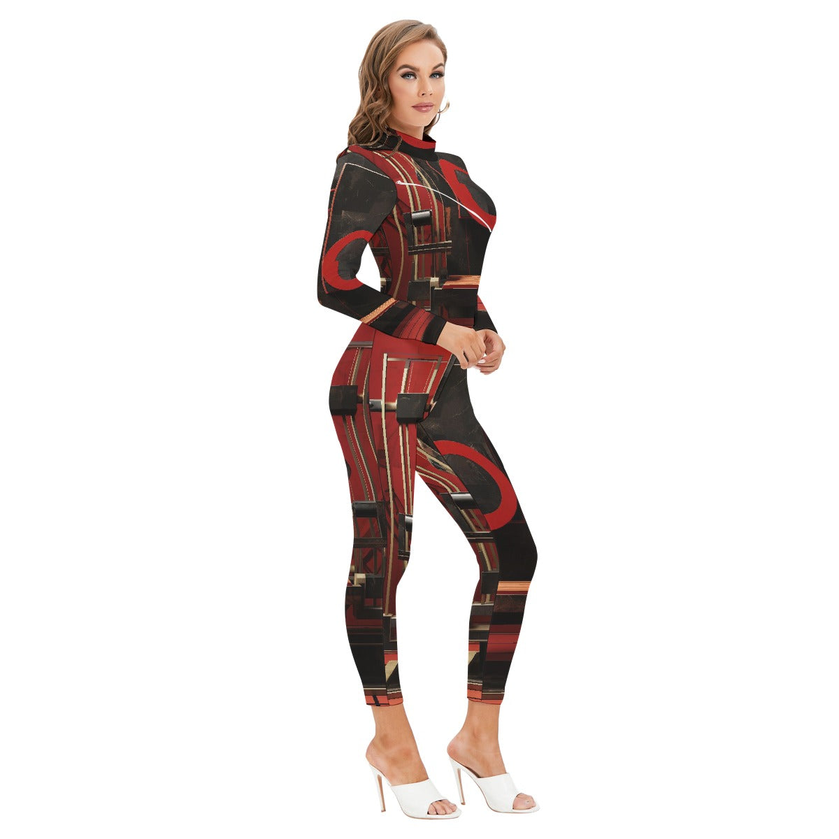 All-Over Print Women's Long-sleeved High-neck Jumpsuit With Zipper