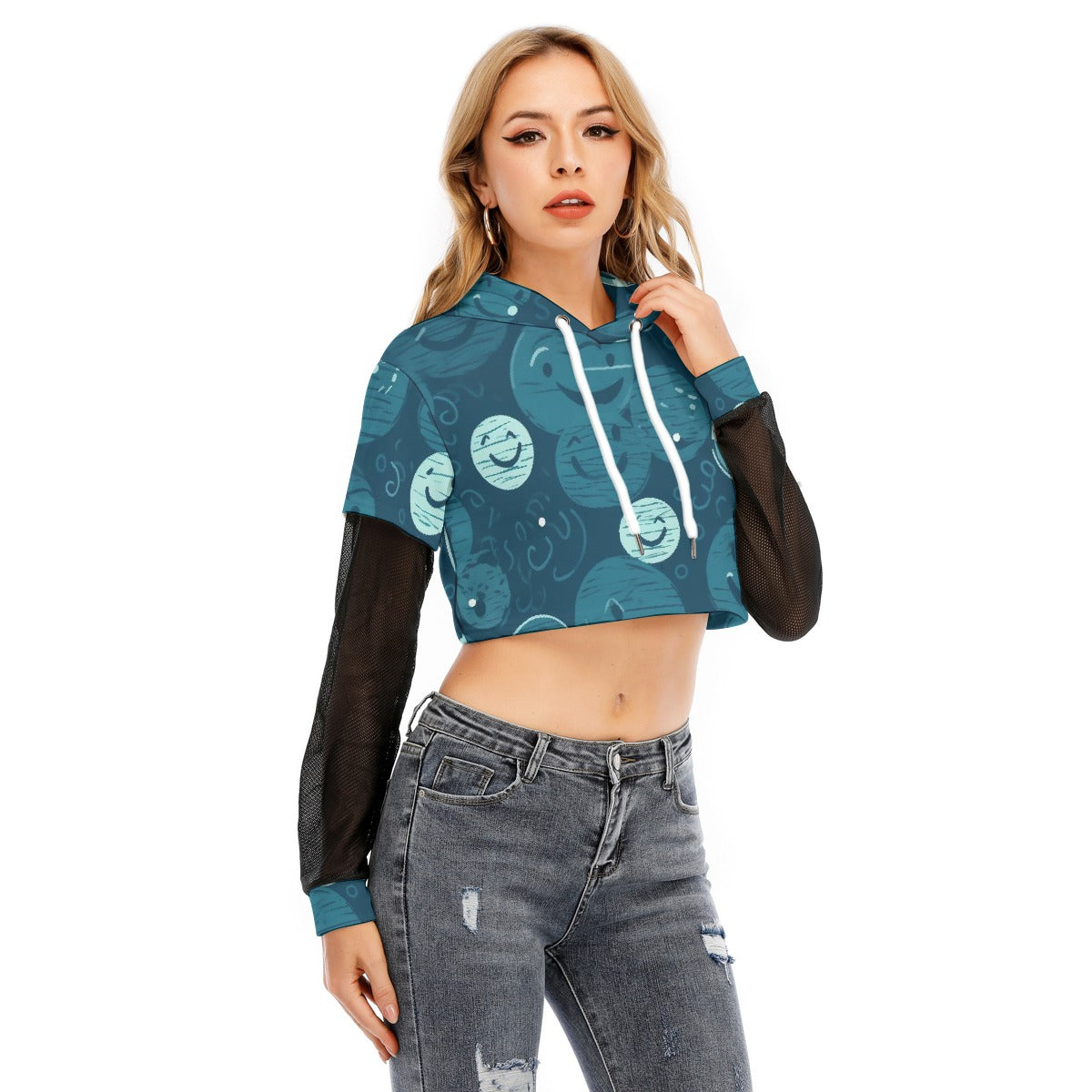 All-Over Print Women's Fake Two-piece Mesh Sleeve Cropped Hoodie