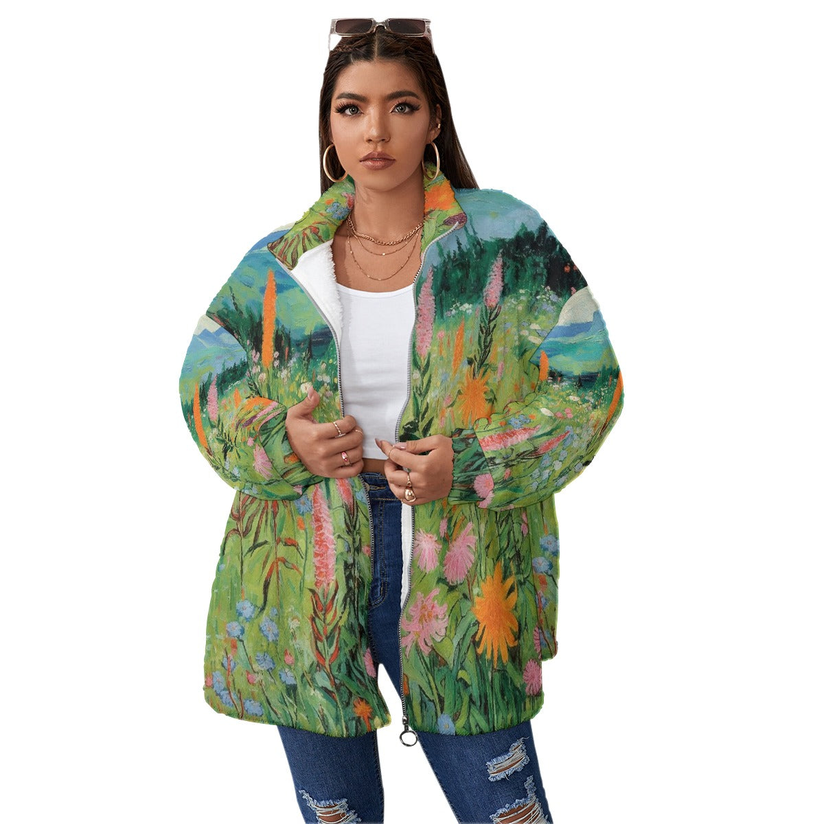 All-Over Print Unisex Borg Fleece Stand-up Collar Coat With Zipper Closure(Plus Size)