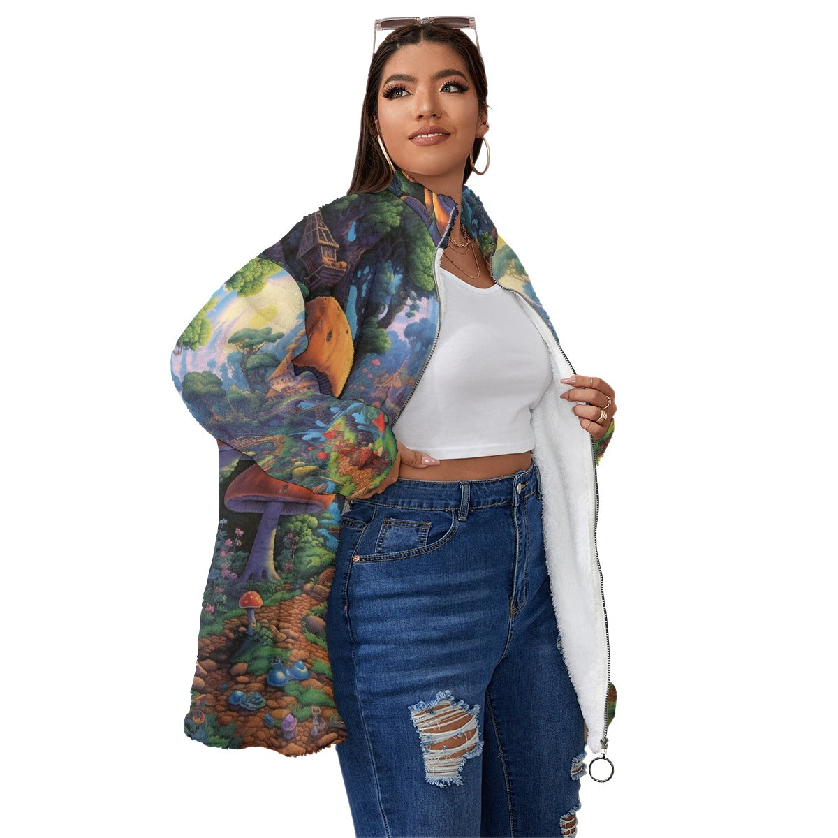 All-Over Print Unisex Borg Fleece Stand-up Collar Coat With Zipper Closure(Plus Size)