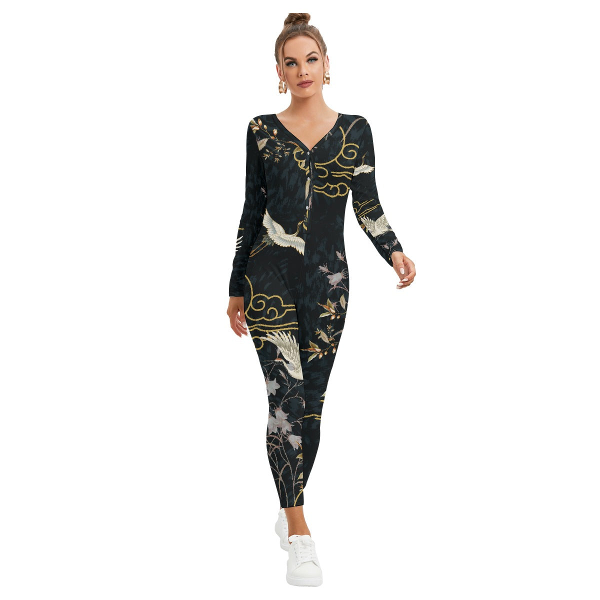 All-Over Print Women's Plunging Neck Jumpsuit