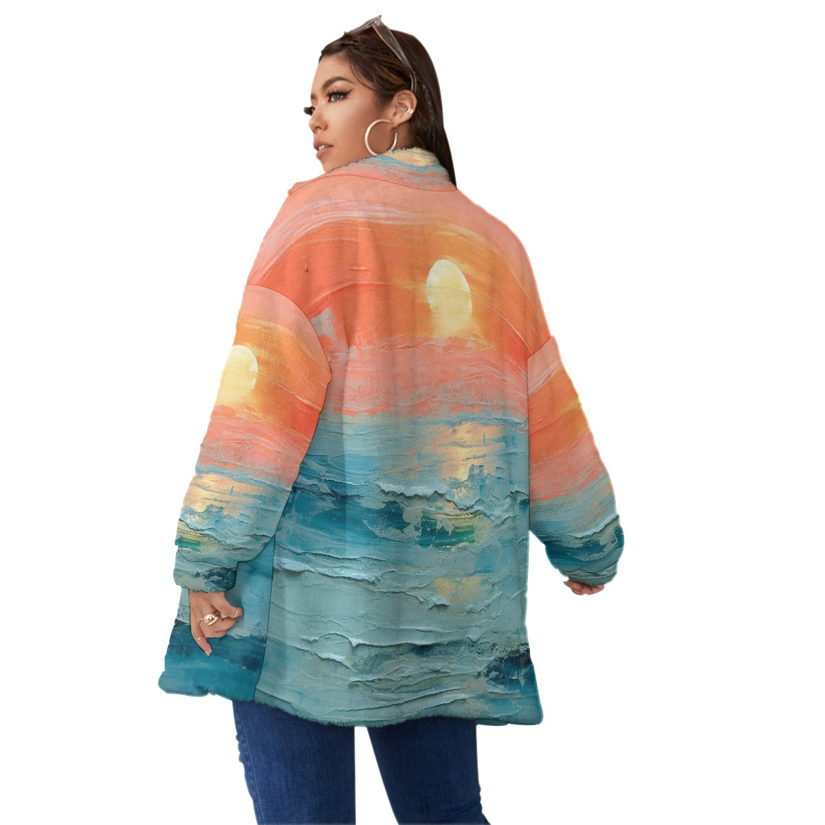 All-Over Print Unisex Borg Fleece Stand-up Collar Coat With Zipper Closure(Plus Size)