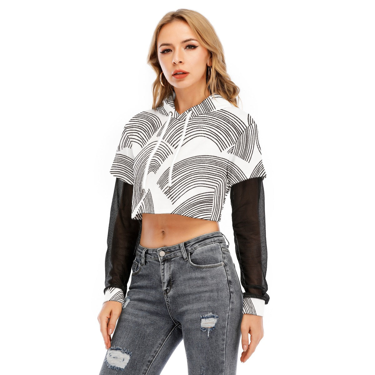 All-Over Print Women's Fake Two-piece Mesh Sleeve Cropped Hoodie
