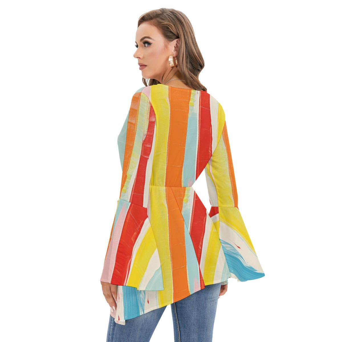 All-Over Print Women's V-neck Blouse With Flared Sleeves