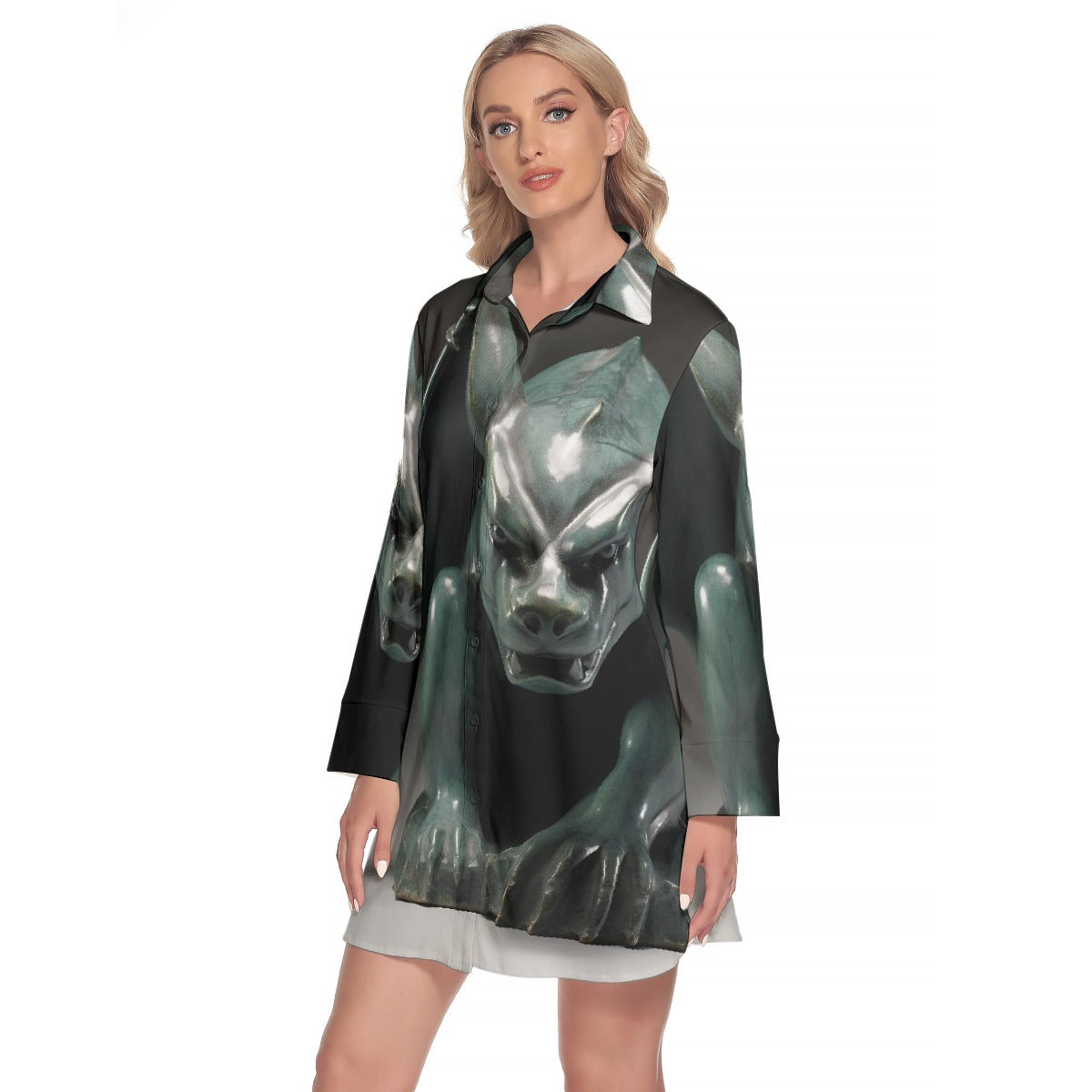All-Over Print Women's Lapel Shirt Dress With Long Sleeve