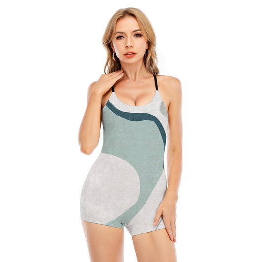 All-Over Print Women's Backless Romper With Black Straps