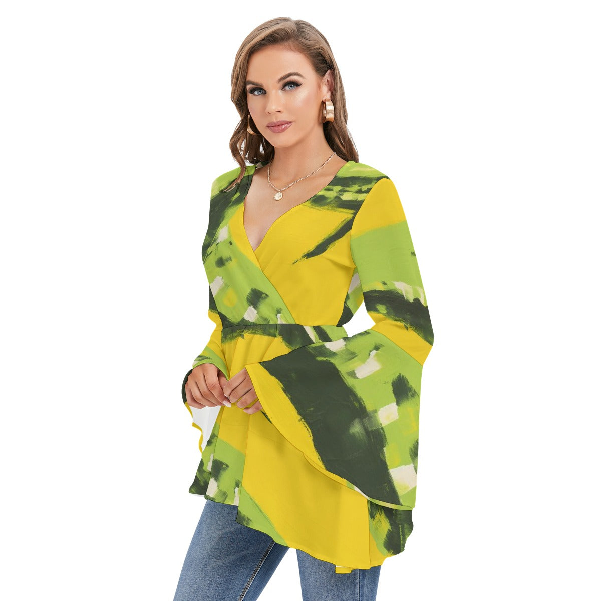 All-Over Print Women's V-neck Blouse With Flared Sleeves