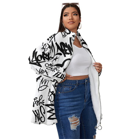 All-Over Print Unisex Borg Fleece Stand-up Collar Coat With Zipper Closure(Plus Size)