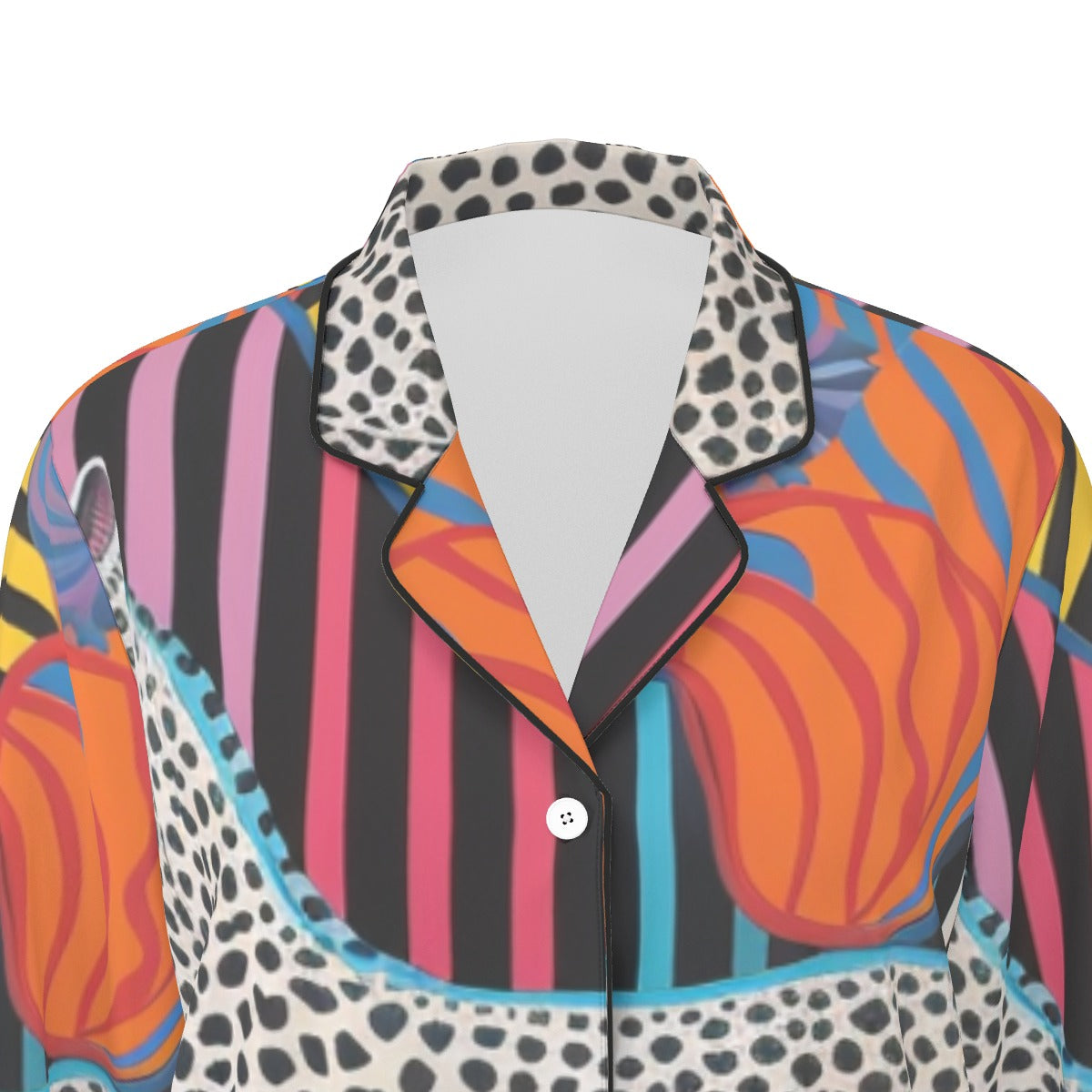 All-Over Print Women's Long Sleeve Pajama Set With Black Contrast Piping