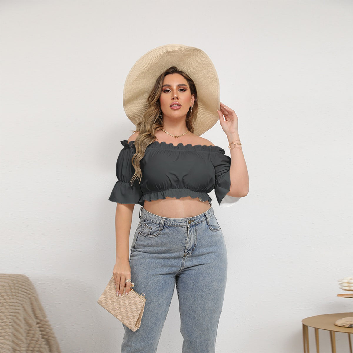 All-Over Print Women's Off-shoulder Cropped Top With Short Puff Sleeve