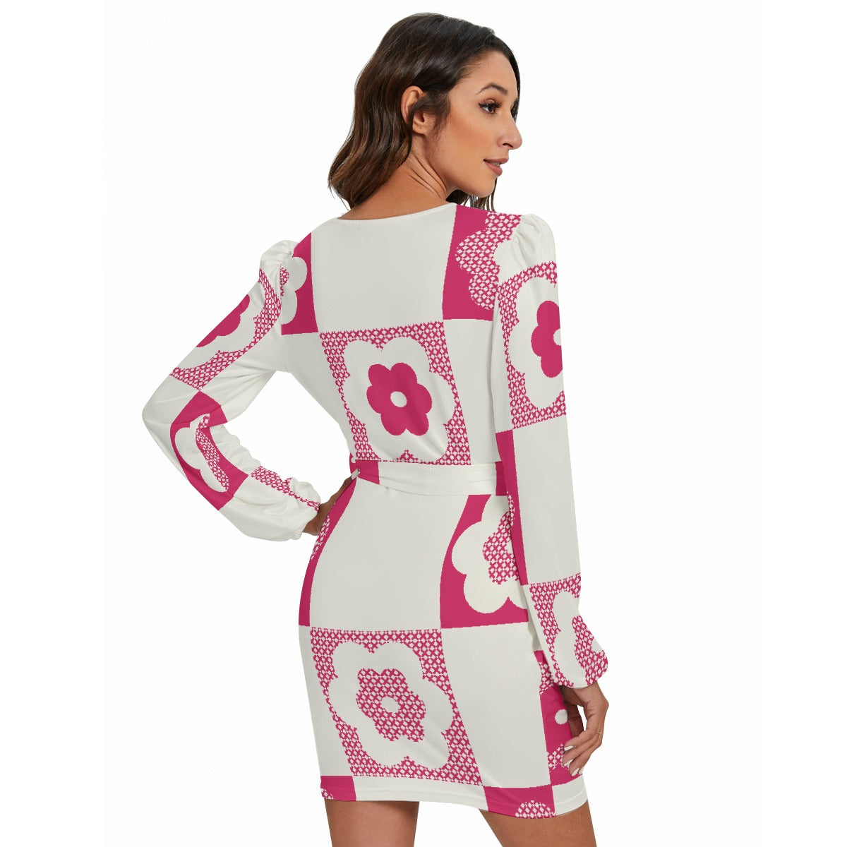 All-Over Print Women's Long Sleeve Dress With Waist Belt