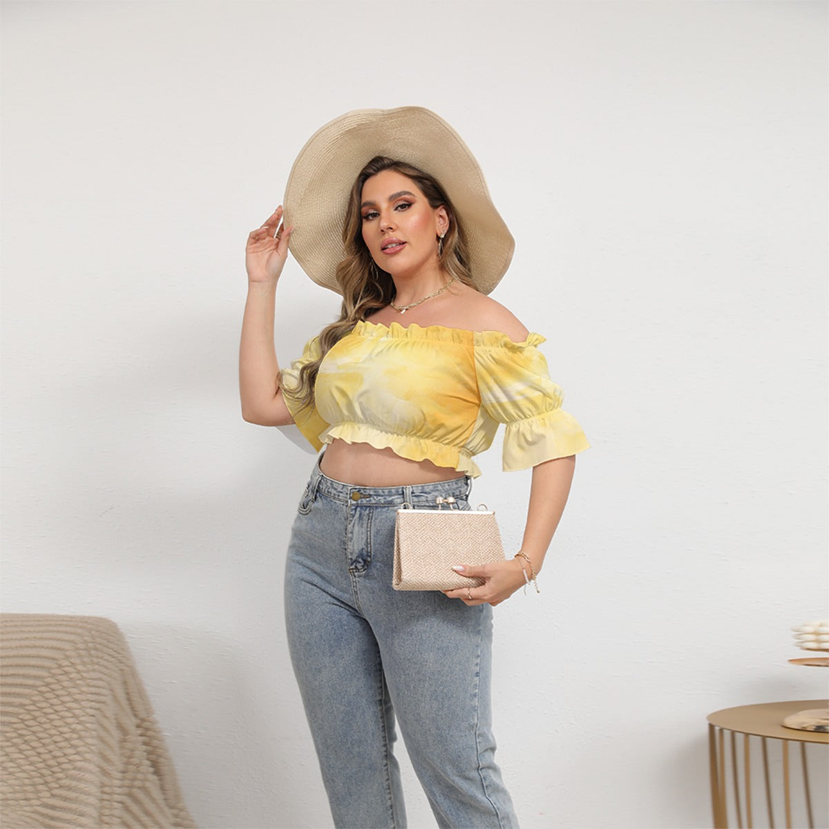 All-Over Print Women's Off-shoulder Cropped Top With Short Puff Sleeve