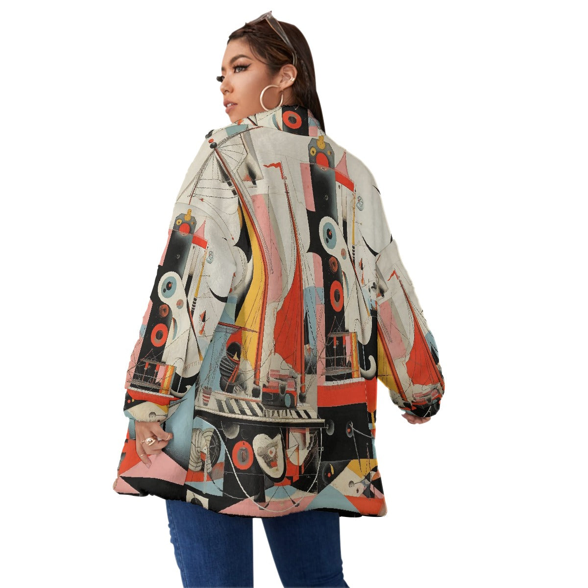 All-Over Print Unisex Borg Fleece Stand-up Collar Coat With Zipper Closure(Plus Size)