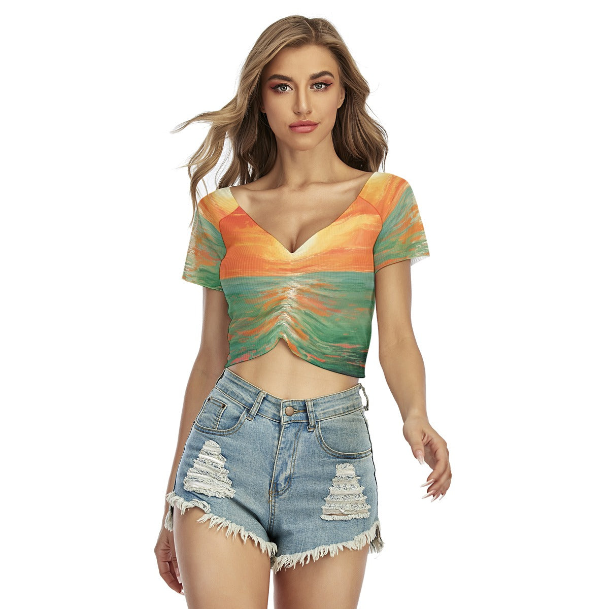 All-Over Print Women's Raglan Drawstring Front  Crop Tee