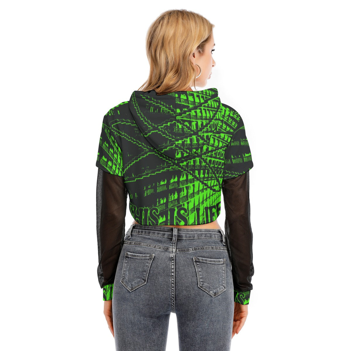 All-Over Print Women's Fake Two-piece Mesh Sleeve Cropped Hoodie