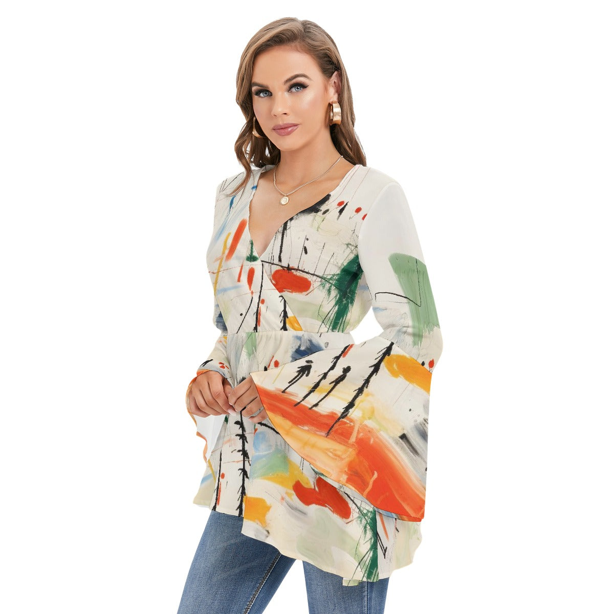 All-Over Print Women's V-neck Blouse With Flared Sleeves