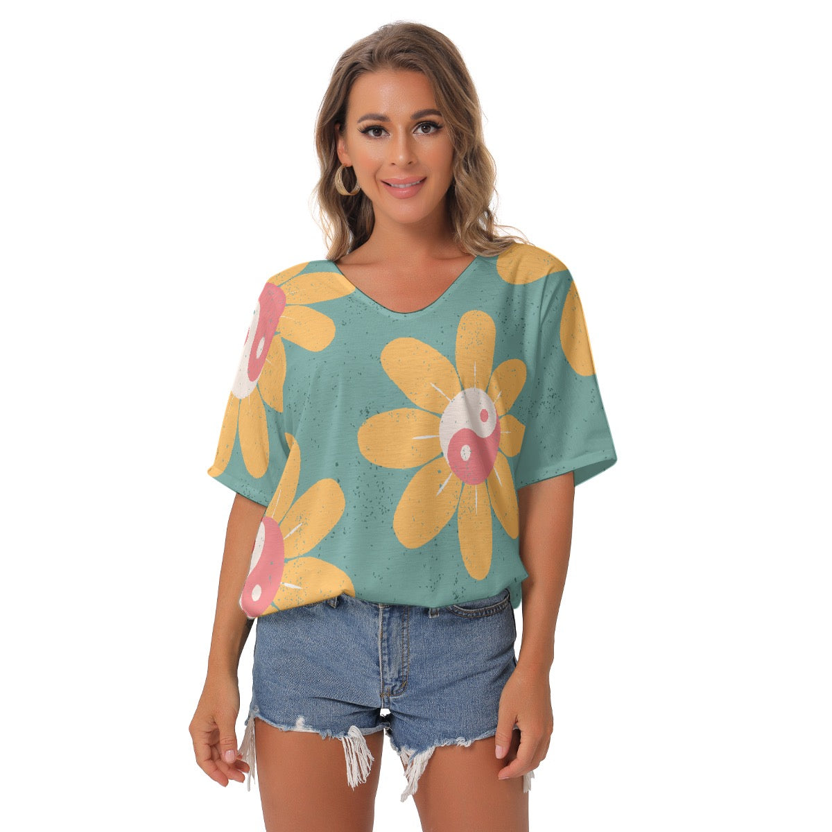 All-Over Print Women's Bat Sleeves V-Neck Blouse