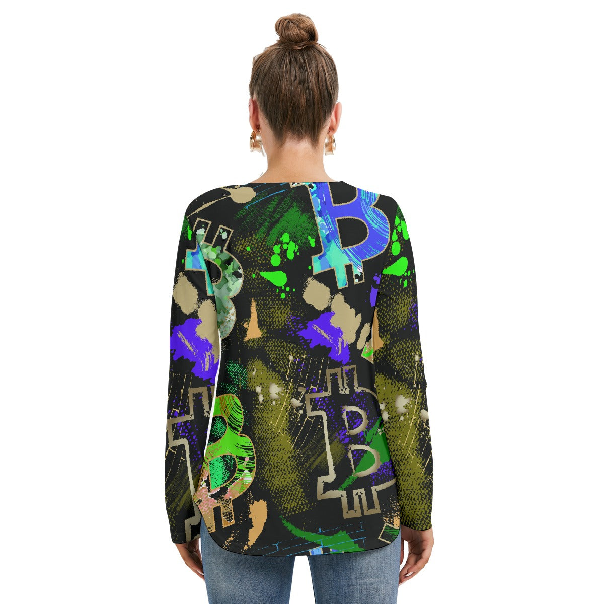 All-Over Print Women's Long Sleeve Neckline Tie Sweatshirt