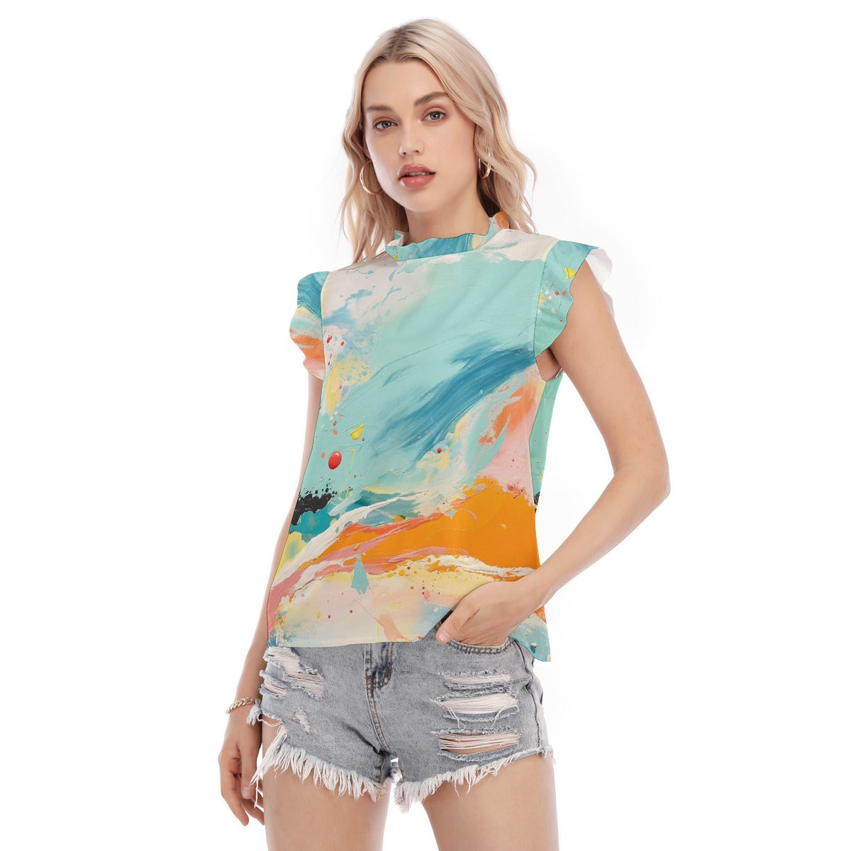 All-Over Print Women's Blouse With Ruffle Collar And Sleeve