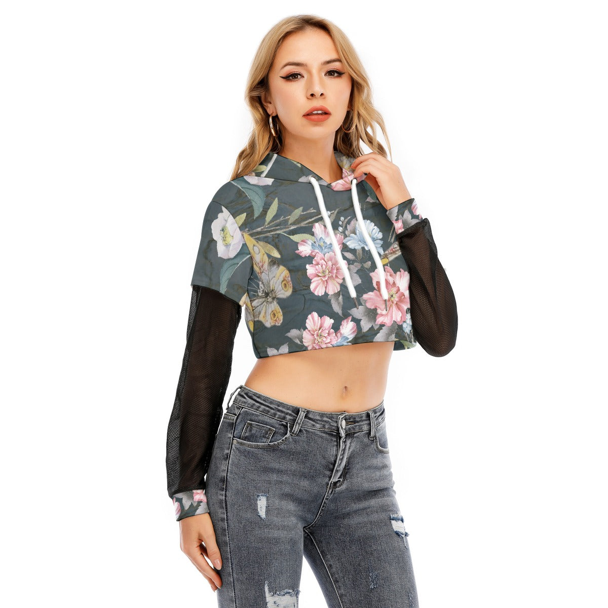 All-Over Print Women's Fake Two-piece Mesh Sleeve Cropped Hoodie