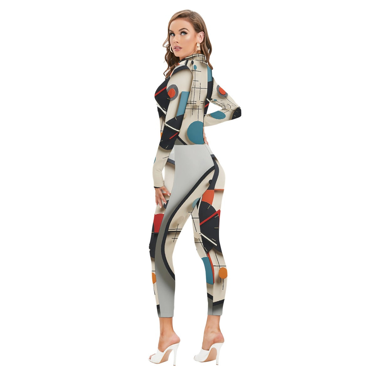 All-Over Print Women's Long-sleeved High-neck Jumpsuit With Zipper