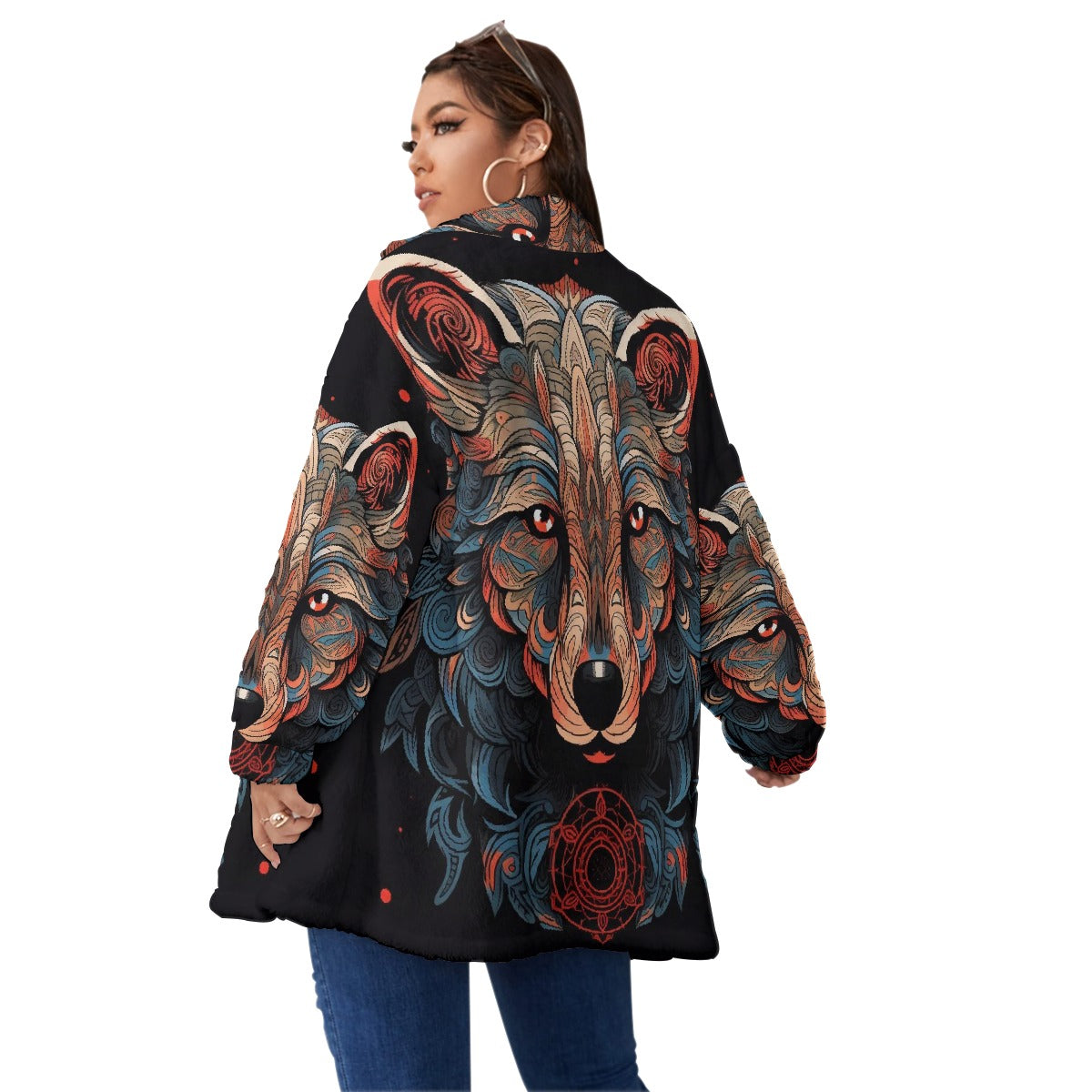 All-Over Print Unisex Borg Fleece Stand-up Collar Coat With Zipper Closure(Plus Size)