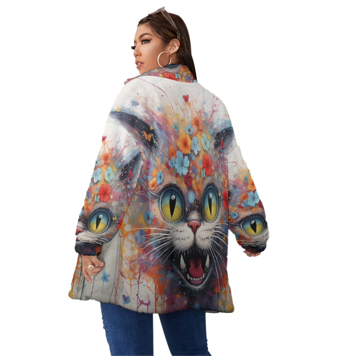 All-Over Print Unisex Borg Fleece Stand-up Collar Coat With Zipper Closure(Plus Size)